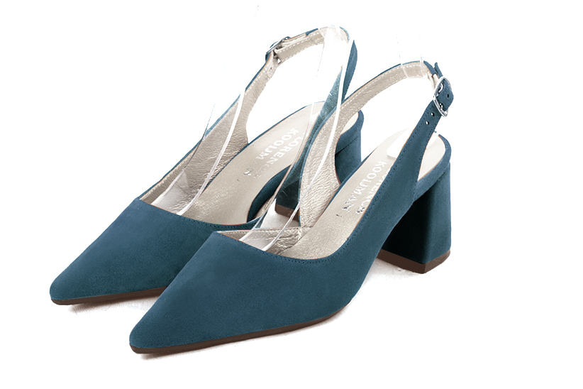 Peacock blue women's slingback shoes. Pointed toe. Medium flare heels. Front view - Florence KOOIJMAN